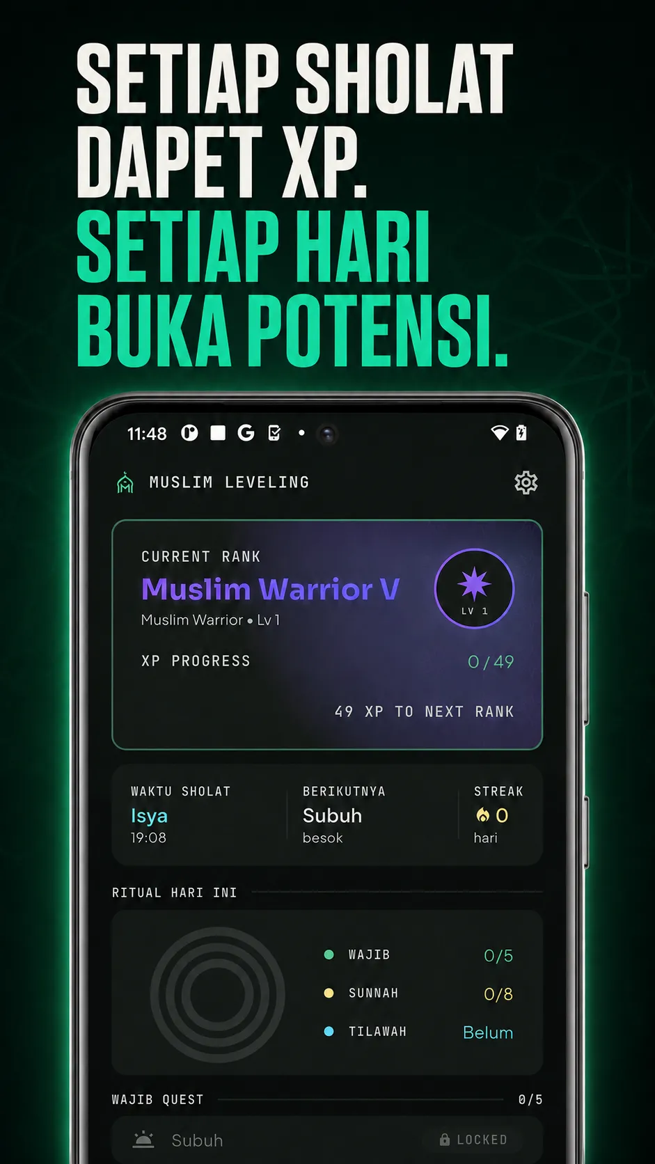 Beranda Muslim Leveling dengan quest ibadah harian, XP, rank, dan langkah berikutnya.