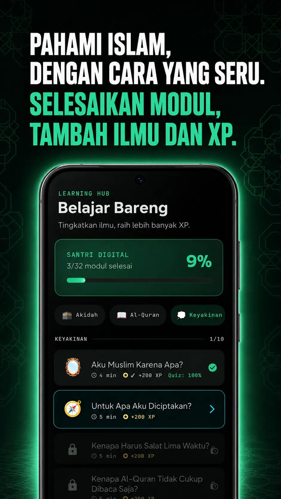 Tab Belajar Muslim Leveling dengan modul, progres, dan kuis.