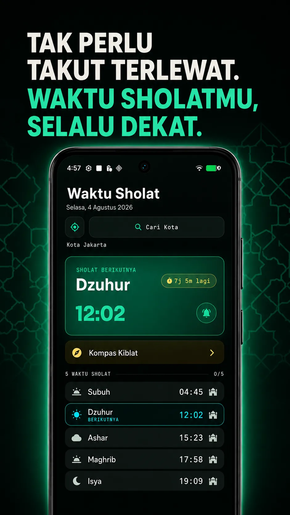 Jadwal salat Muslim Leveling dengan waktu salat, pencarian kota, dan kompas kiblat.