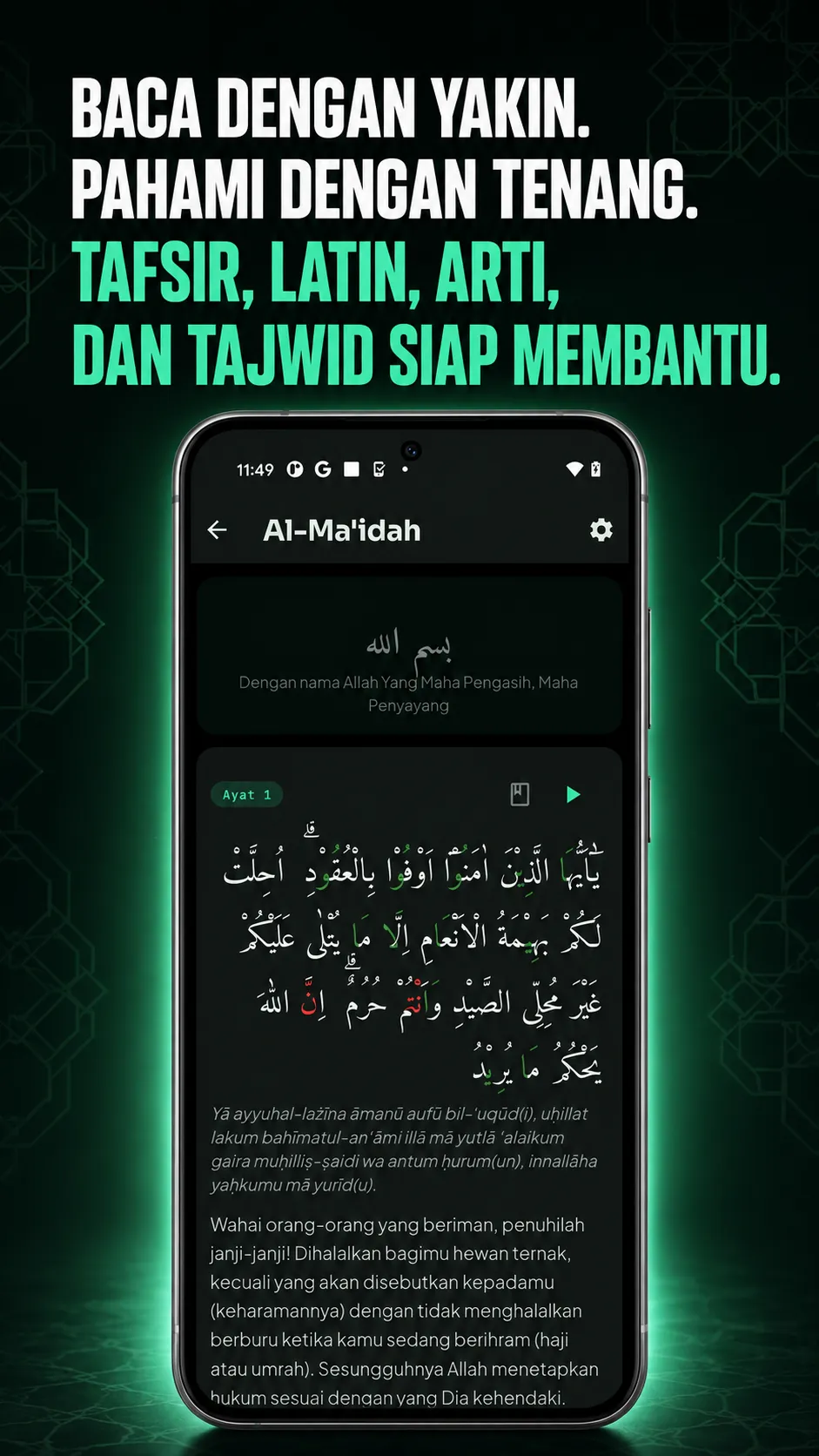 Halaman Al-Quran Muslim Leveling dengan tajwid, Latin, terjemahan, dan tafsir.