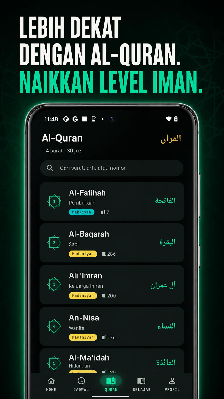 Tab Al-Quran Muslim Leveling untuk menemukan dan melanjutkan bacaan surah.
