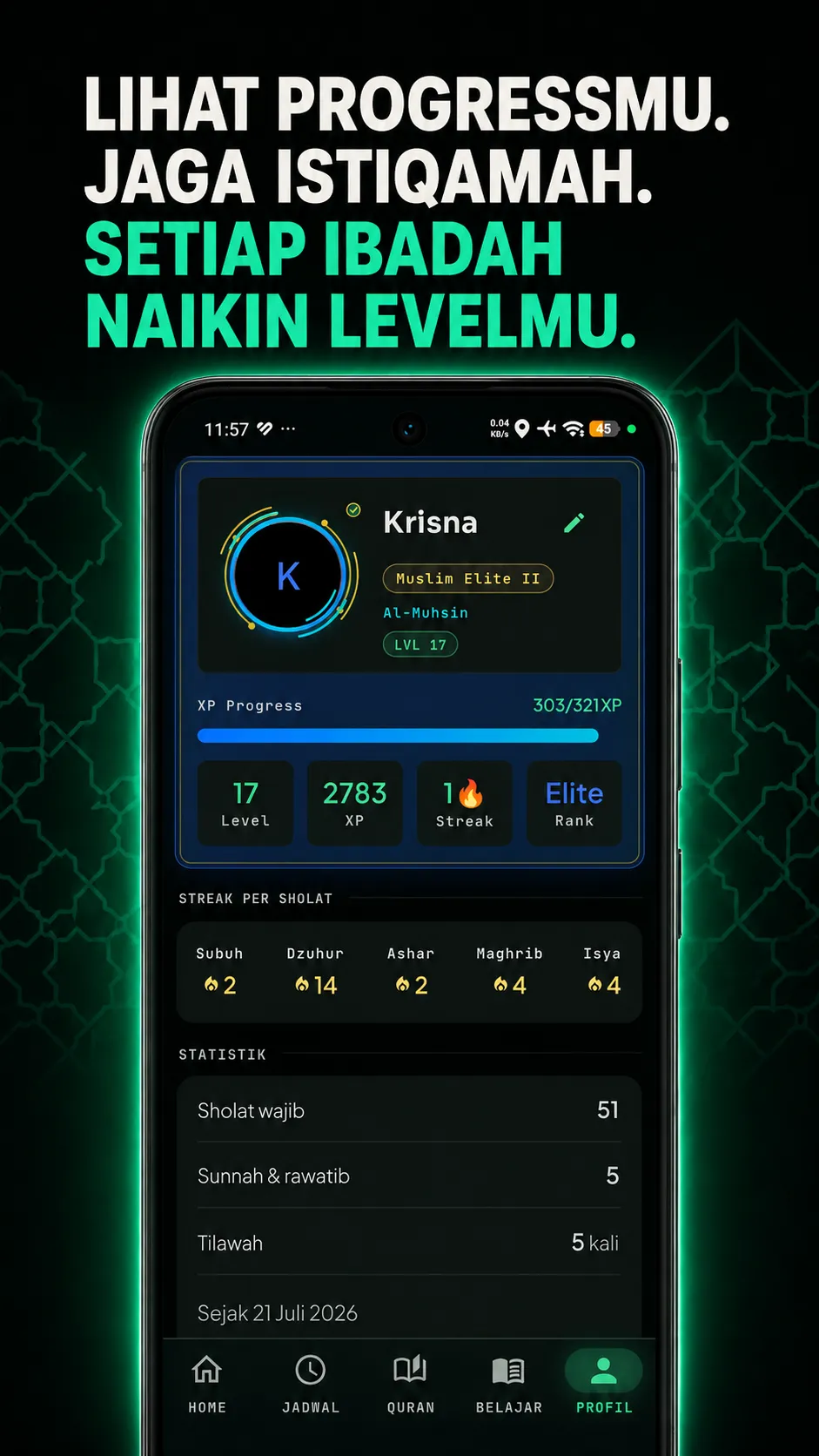 Profil Muslim Leveling dengan level, XP, streak, dan statistik pribadi.