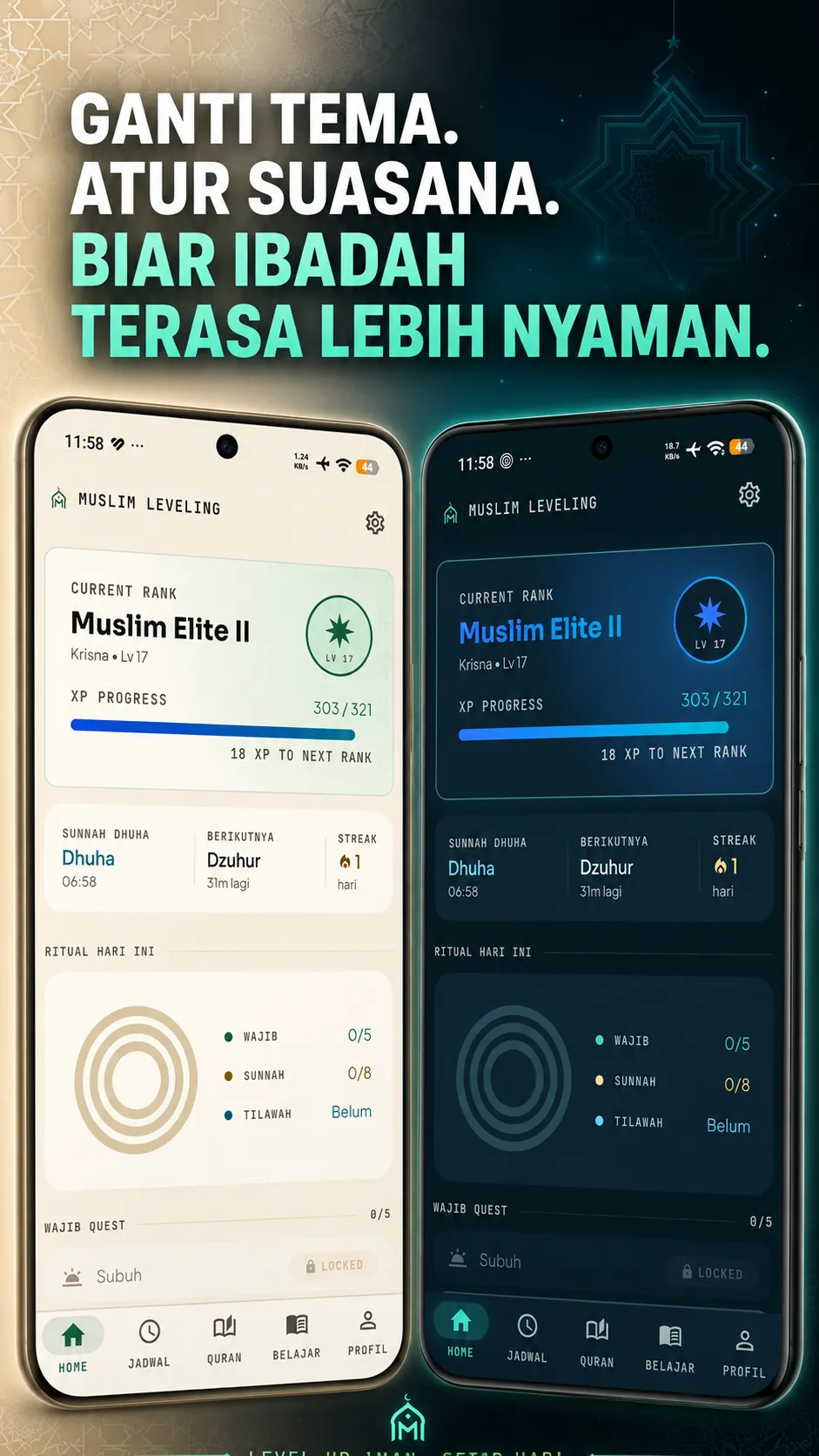 Pilihan tema terang dan gelap pada Muslim Leveling.